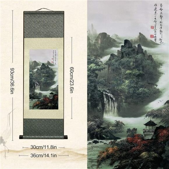 Asian Wall Decor Beautiful Silk Painting Waterfall River Landscape Painting - Picture 3 of 8